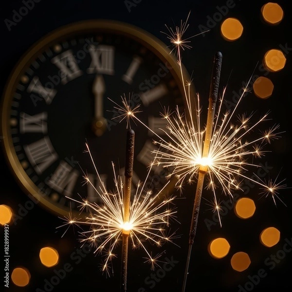 Obraz Two sparklers shine brightly in the foreground, while a blurred clock showing New Year's midnight is visible in the background 