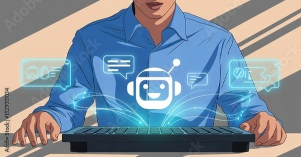 Fototapeta Man Interacting with a Chatbot: A person is shown with his hands on the keyboard of a computer, with an image of a chatbot with thought bubbles of chat.