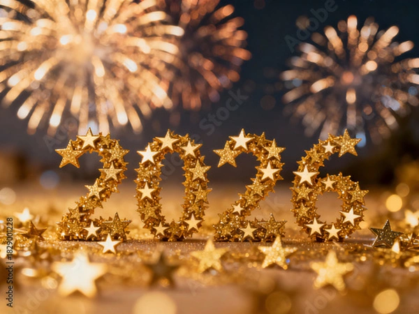 Fototapeta Golden Stars Forming the Year 2026 with Fireworks and Bokeh Lights for New Year's Eve Celebration Background or Greeting Card Design
