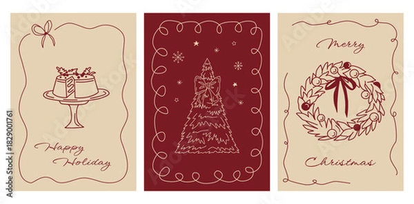 Fototapeta Happy holidays set of doodle greeting cards in doodle style. Hand drawn vector posters with wreath, Christmas tree and cake in line art.