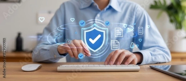 Fototapeta Secure Data at Your Fingertips: A person is immersed in a digitally-enhanced scene, a glowing shield icon symbolizing security floats above a keyboard and the hand of a person in a office.