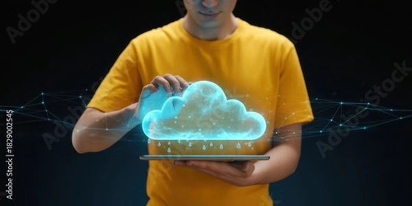 Fototapeta Cloud Computing with Touch: A man holds a tablet with cloud computing icon, his finger almost touching, symbolizing access to infinite possibilities 