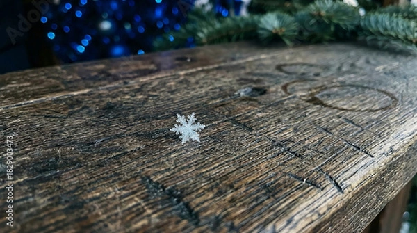 Obraz Macro detail of a weathered wooden stall counter with a single snowflake at a Christmas market