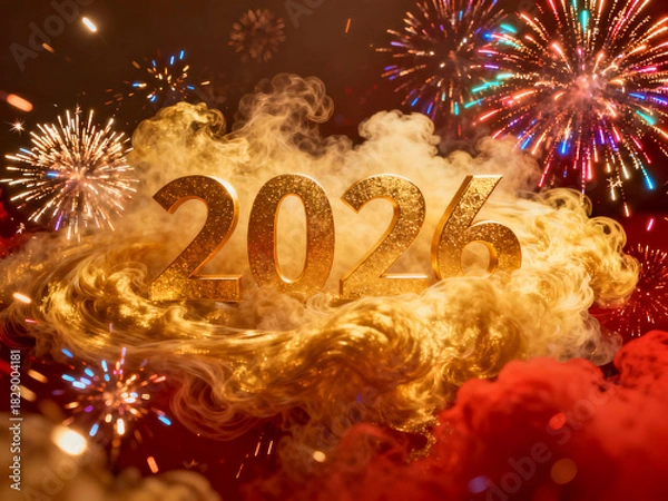Fototapeta Dynamic 3D Gold 2026 Emerging from Smoke and Clouds with Colorful Fireworks for New Year Celebration and Powerful Event Concept