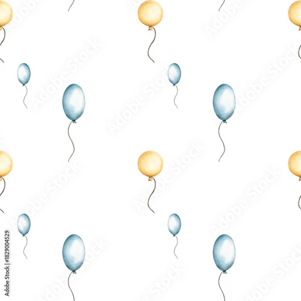 Fototapeta Seamless pattern with balloons in blue and beige colors. Watercolor hand drawn illustration of floating balloons for festive decorations, kids wallpaper and wrapping paper. Ornament for kids goods