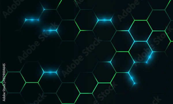 Fototapeta Dark hexagon abstract technology background with blue and green colored bright flashes under hexagon. Hexagonal gaming vector tech illustration black abstract background.