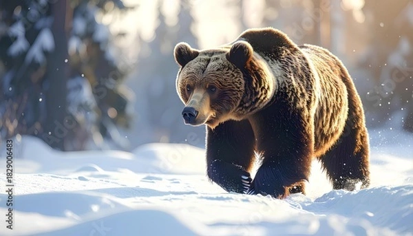 Fototapeta 雪の上を歩く野生の熊 Wild Bear Walking on the snow（Generative AI）