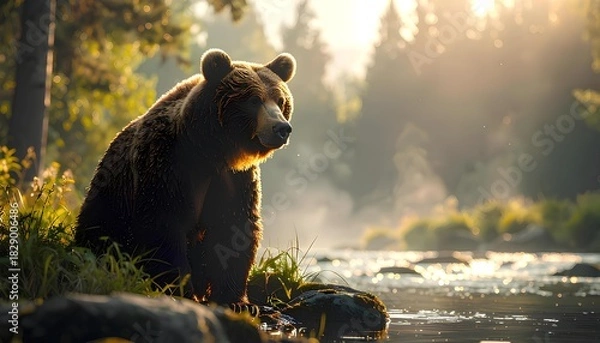 Fototapeta 川辺に佇む野生の熊 Wild Bear Standing by the river（Generative AI）
