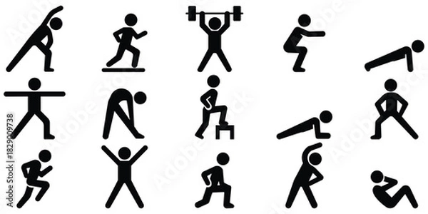 Obraz Stickman fitness workout set, Exercise training action pack, Active sport movement collection