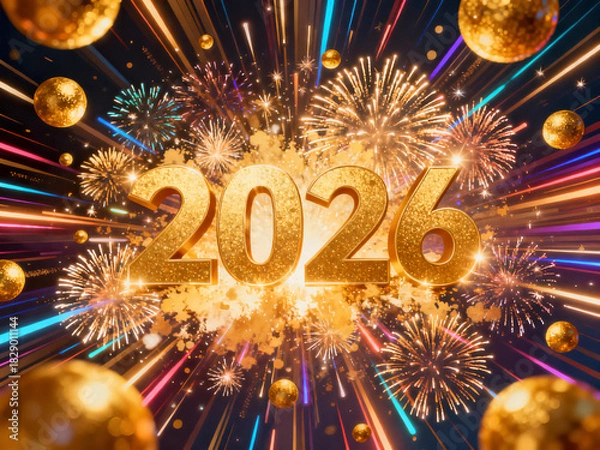 Obraz Explosive 3D Gold 2026 Surrounded by Colorful Light Streaks, Fireworks, and Golden Spheres for Dynamic New Year's Eve Celebration Banner