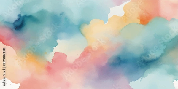 Fototapeta Abstract watercolor hand painted background depicting a colorful blue sky cloudscape with bright sun and light vintage texture