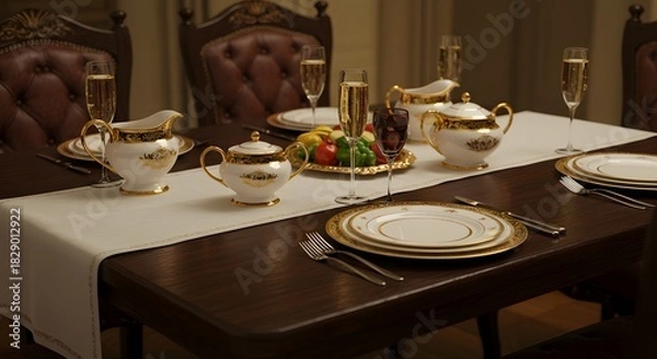 Fototapeta Formal dining table set with ornate china and champagne flutes