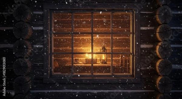 Fototapeta Snowy night view through a rustic log cabin window