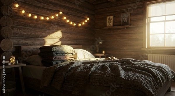 Fototapeta Warm bedroom interior with string lights and a bed on a snowy day