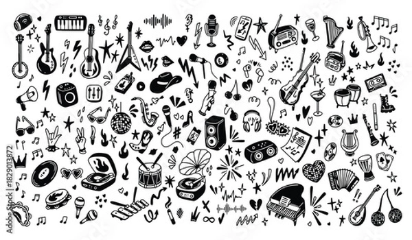 Obraz Vibrant hand-drawn music instruments and party elements doodle pattern. Vector