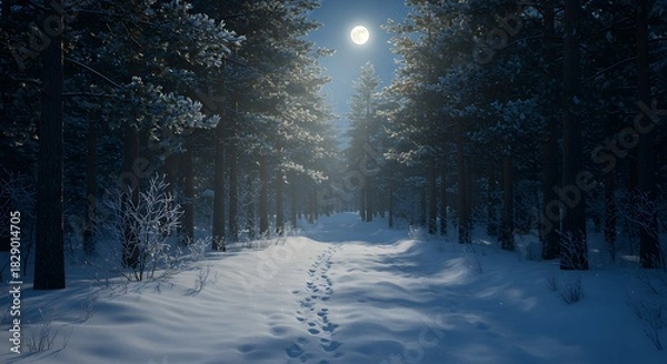 Fototapeta Footprints in snow on a path through a moonlit winter forest
