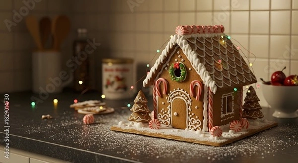 Fototapeta Gingerbread house with lights and candy on a counter