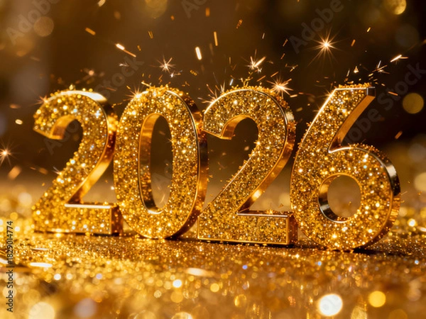 Fototapeta Bold 3D Gold Glitter 2026 with Rising Sparks and Bokeh Lights for a Festive and Luxurious New Year's Eve Celebration Background