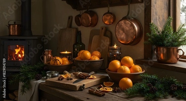Fototapeta Rustic kitchen scene with oranges, spices, and a fireplace