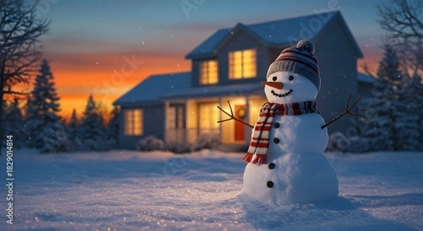Fototapeta Snowman in front of a house at sunset with snow falling