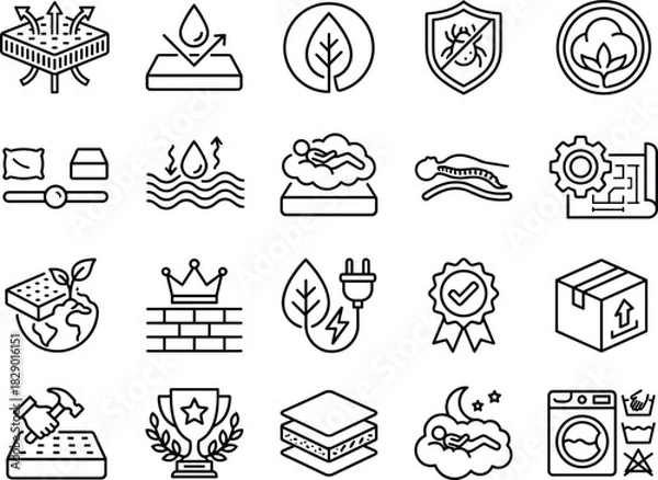 Obraz Line icons for mattress features, bedding benefits, sleep comfort, eco materials, durability, vector, flat, minimal, black, white, clean
