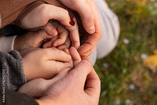 Fototapeta Family hands clasped together showing love and unity