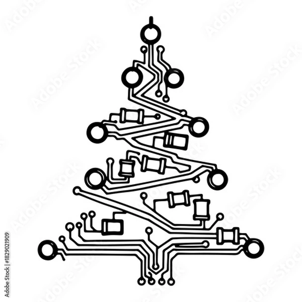 Obraz Electronic circuit board Christmas tree hand drawn vector illustration for technology design