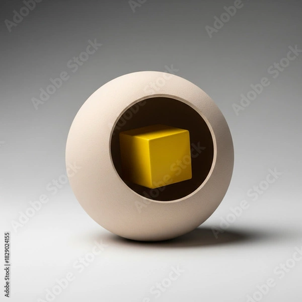Obraz Bright Yellow Cube Inside Beige Spherical Shell