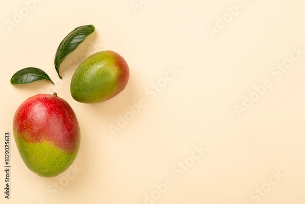 Fototapeta Flat lay with mango on color background, top view