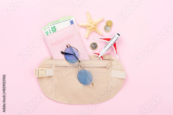 Fototapeta Traveler organizer bag with passport and accessories on color background, top view