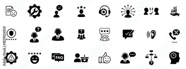 Obraz Customer service icon set. Containing customer satisfied, assistance, experience, feedback, operator and technical support icons. Solid icon collection.