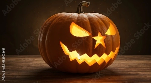 Fototapeta A carved halloween pumpkin with a scary face glowing from within