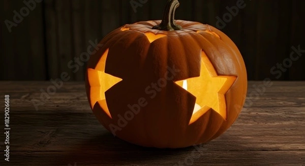 Fototapeta A carved halloween pumpkin with star shapes glowing from within