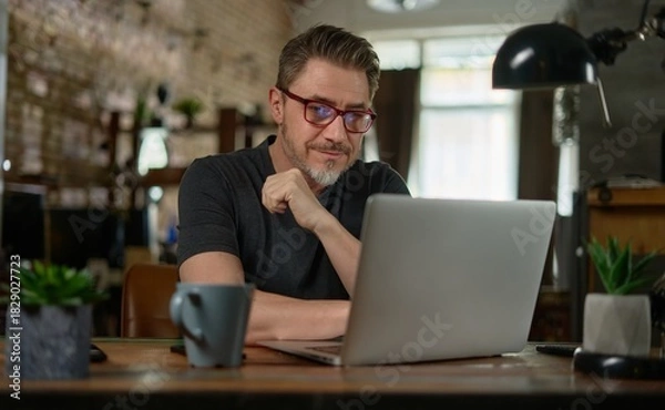 Obraz Bearded man working online with laptop computer at home sitting at desk. Home office, browsing internet. Portrait of mature age, middle age, entrepreneur.