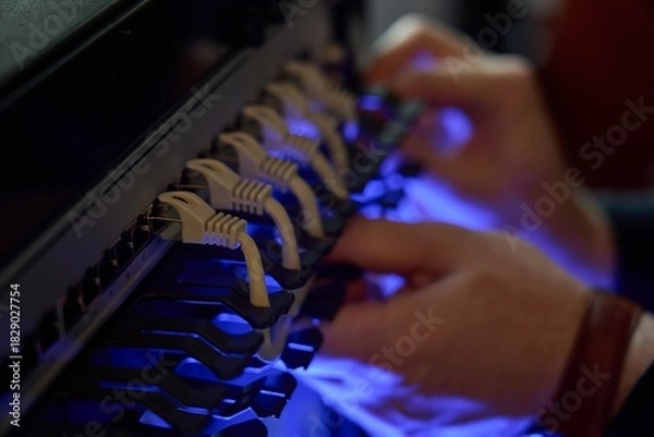 Obraz IT expert working with computer server network cable. Connectivity, Internet, technician, installing.