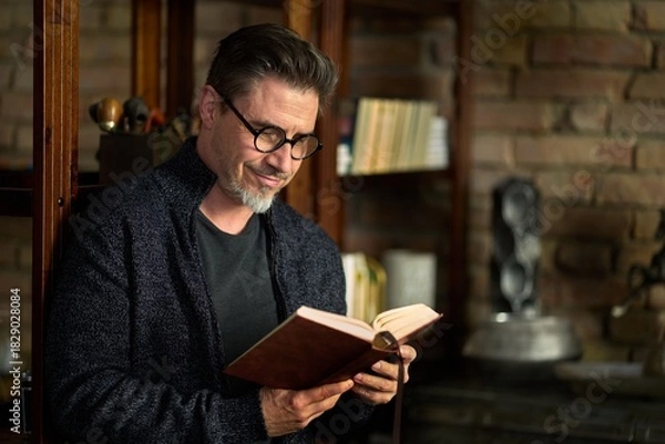 Obraz Happy older casual man standing by book shelf at home, reading, smiling. Portrait of mid adult, mature age man in glasses,