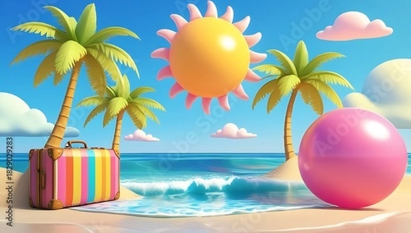 Fototapeta Colorful striped suitcase and pink egg on tropical beach with palm trees and sun