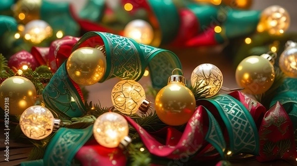 Fototapeta Festive christmas ornaments and lights with green and red ribbon