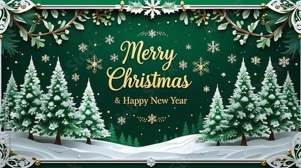 Fototapeta Enchanting merry christmas scene with snow covered pine trees and festive greetings