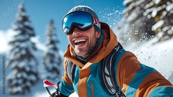 Fototapeta Joyful skier laughing while skiing down a snowy mountain slope