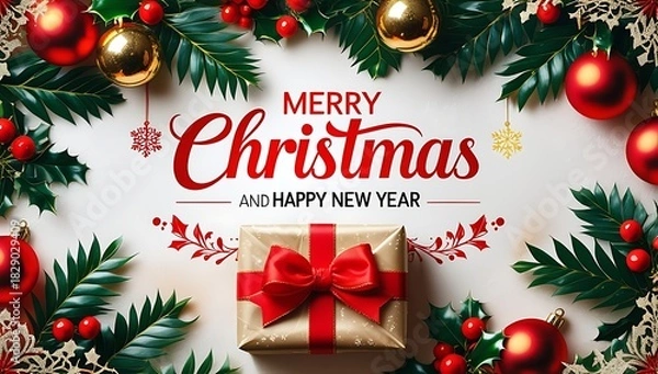 Fototapeta Merry christmas and happy new year greeting with festive decorations and gift