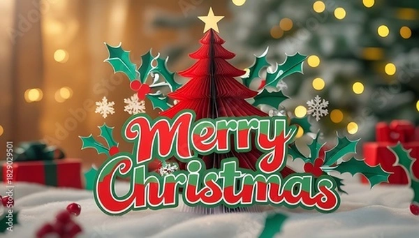 Fototapeta Festive merry christmas decoration with red tree and holly on snowy background