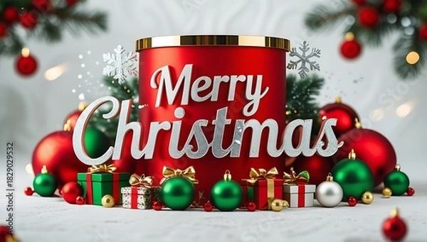 Fototapeta Festive merry christmas scene with red and green ornaments and gifts