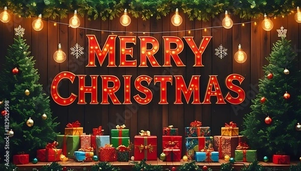 Fototapeta Festive merry christmas message with twinkling lights and presents