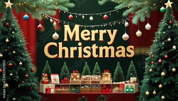Fototapeta Festive merry christmas display with decorated trees and gifts