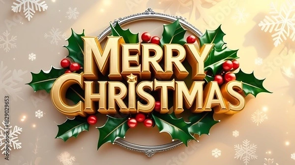Fototapeta Golden merry christmas text surrounded by holly and berries on a festive background