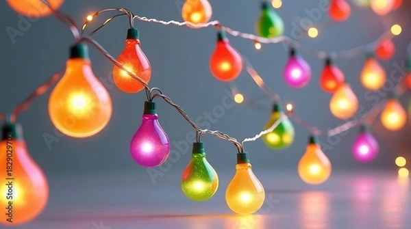 Fototapeta Colorful glowing string lights in various vibrant colors for festive decoration