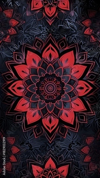 Fototapeta Intricate red and black mandala pattern with detailed floral elements creating a captivating seamless decorative background design.