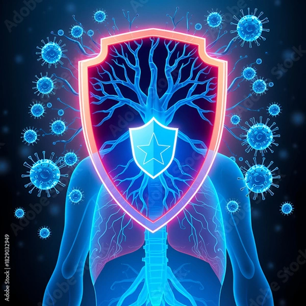 Obraz Abstract blue human bronchial tree behind the futuristic guard shield attacked by blue viruses. Lungs protection.