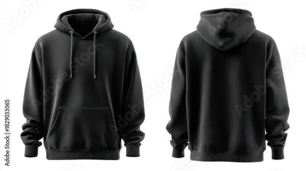 Fototapeta A blank black pullover hoodie shown from front and back views, isolated on white backgrounded, clean and stylish mockup, perfect for fashion or apparel design presentations